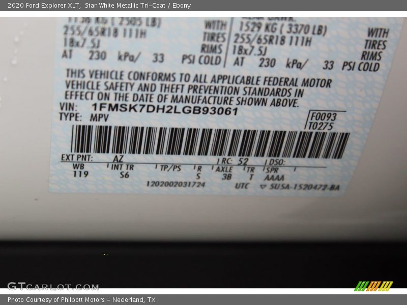 Star White Metallic Tri-Coat / Ebony 2020 Ford Explorer XLT