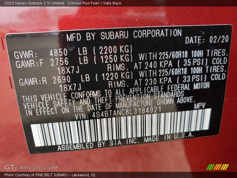 Crimson Red Pearl / Slate Black 2020 Subaru Outback 2.5i Limited