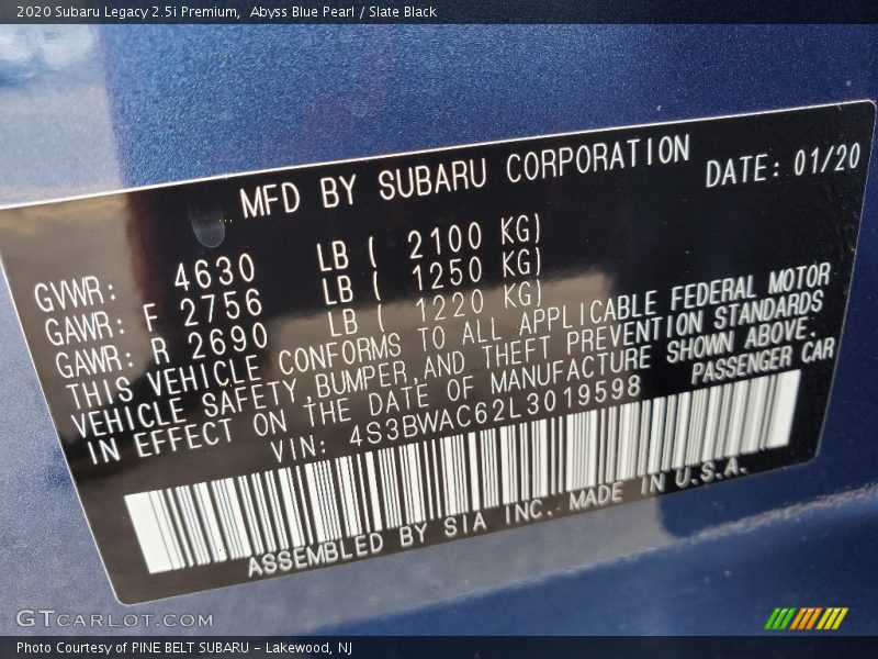 Abyss Blue Pearl / Slate Black 2020 Subaru Legacy 2.5i Premium