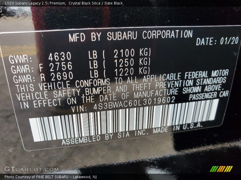 Crystal Black Silica / Slate Black 2020 Subaru Legacy 2.5i Premium