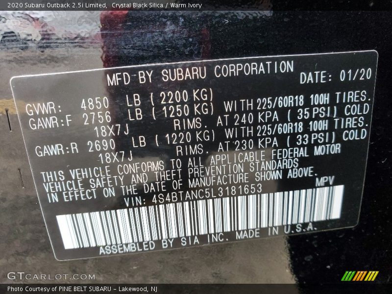 Crystal Black Silica / Warm Ivory 2020 Subaru Outback 2.5i Limited