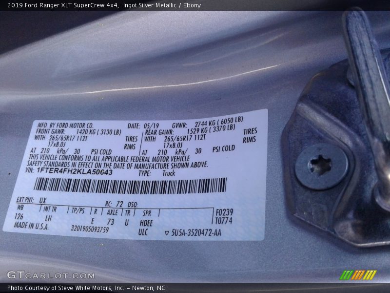 2019 Ranger XLT SuperCrew 4x4 Ingot Silver Metallic Color Code UX