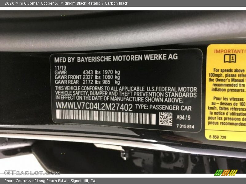 Midnight Black Metallic / Carbon Black 2020 Mini Clubman Cooper S