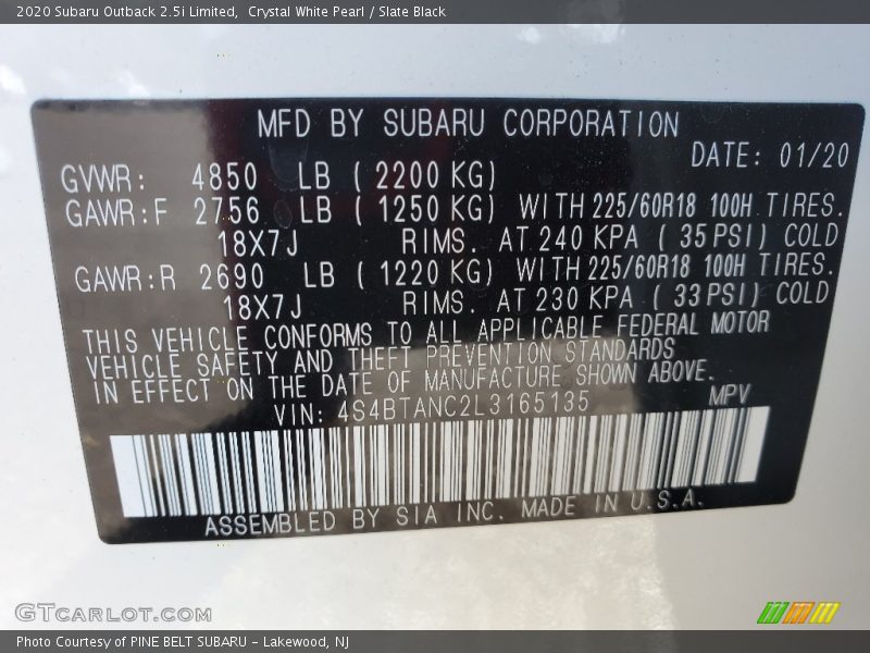 Crystal White Pearl / Slate Black 2020 Subaru Outback 2.5i Limited