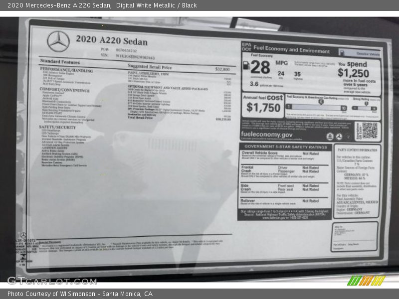 Digital White Metallic / Black 2020 Mercedes-Benz A 220 Sedan