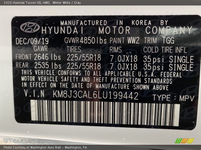 Winter White / Gray 2020 Hyundai Tucson SEL AWD