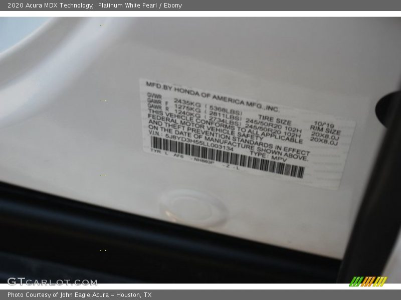 Platinum White Pearl / Ebony 2020 Acura MDX Technology