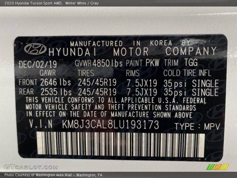 Winter White / Gray 2020 Hyundai Tucson Sport AWD