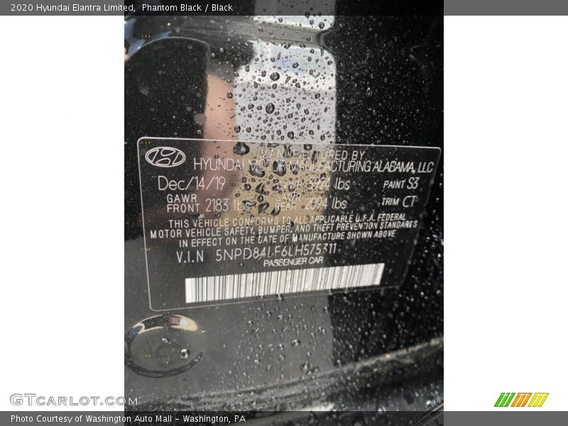 Phantom Black / Black 2020 Hyundai Elantra Limited