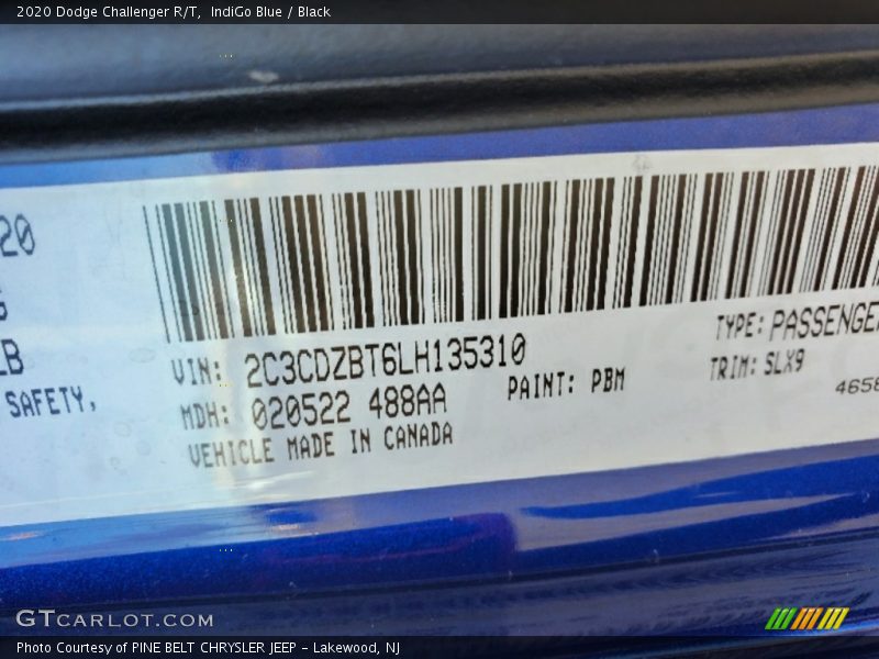 2020 Challenger R/T IndiGo Blue Color Code PBM