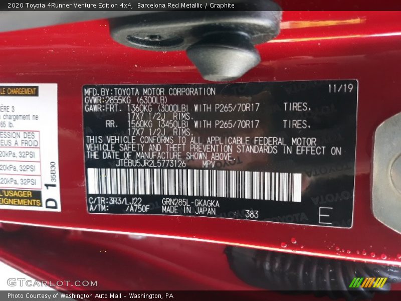 2020 4Runner Venture Edition 4x4 Barcelona Red Metallic Color Code 3R3