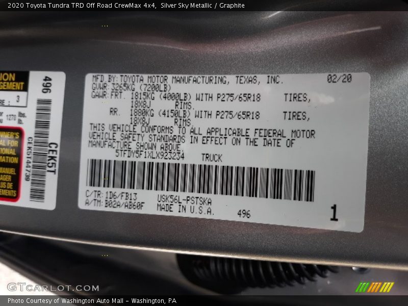 Silver Sky Metallic / Graphite 2020 Toyota Tundra TRD Off Road CrewMax 4x4