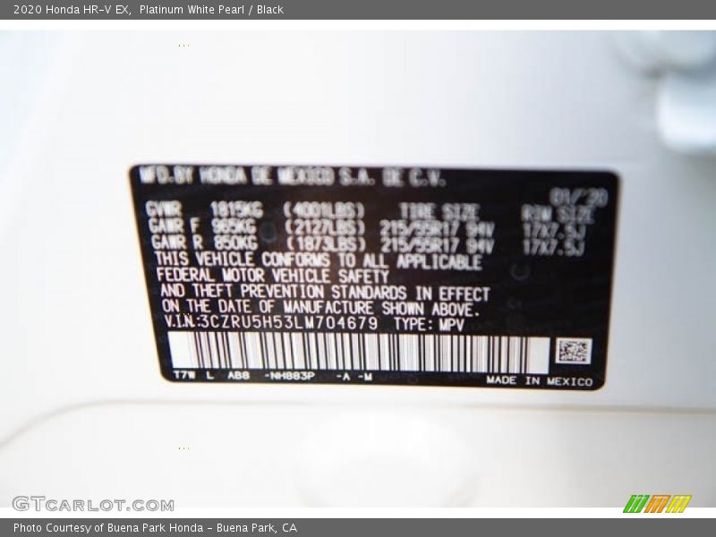 Platinum White Pearl / Black 2020 Honda HR-V EX