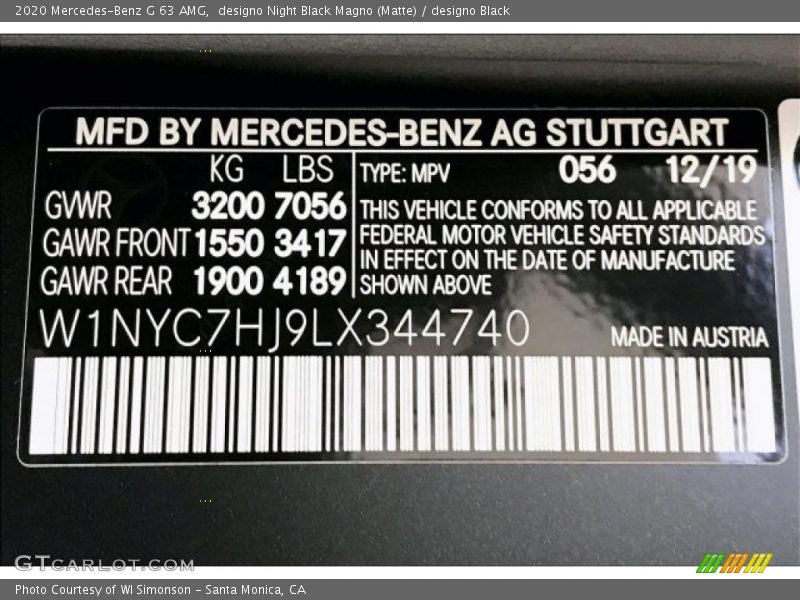 2020 G 63 AMG designo Night Black Magno (Matte) Color Code 056
