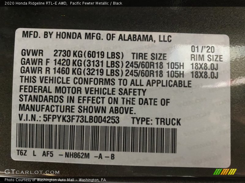 2020 Ridgeline RTL-E AWD Pacific Pewter Metallic Color Code NH862M