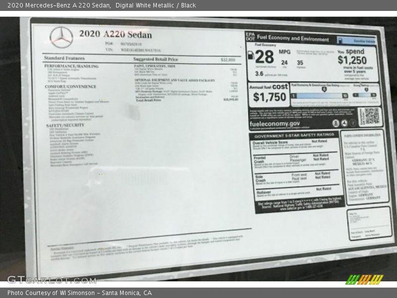 Digital White Metallic / Black 2020 Mercedes-Benz A 220 Sedan