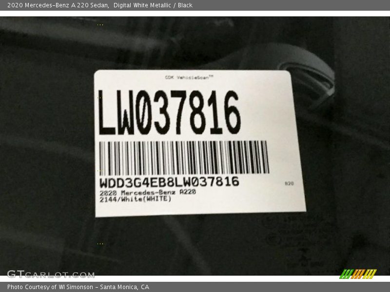Digital White Metallic / Black 2020 Mercedes-Benz A 220 Sedan