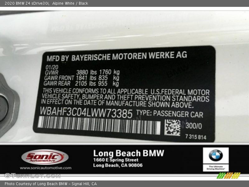 Alpine White / Black 2020 BMW Z4 sDrive30i