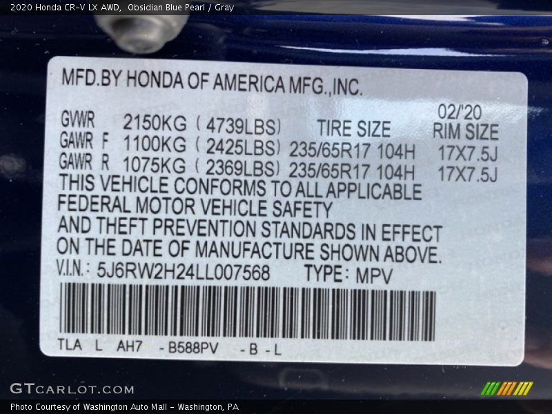 Obsidian Blue Pearl / Gray 2020 Honda CR-V LX AWD