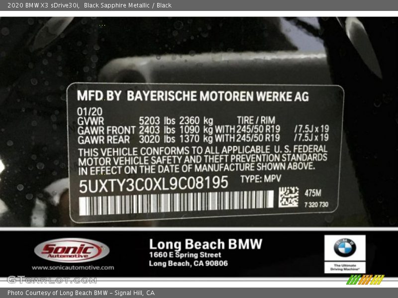 Black Sapphire Metallic / Black 2020 BMW X3 sDrive30i