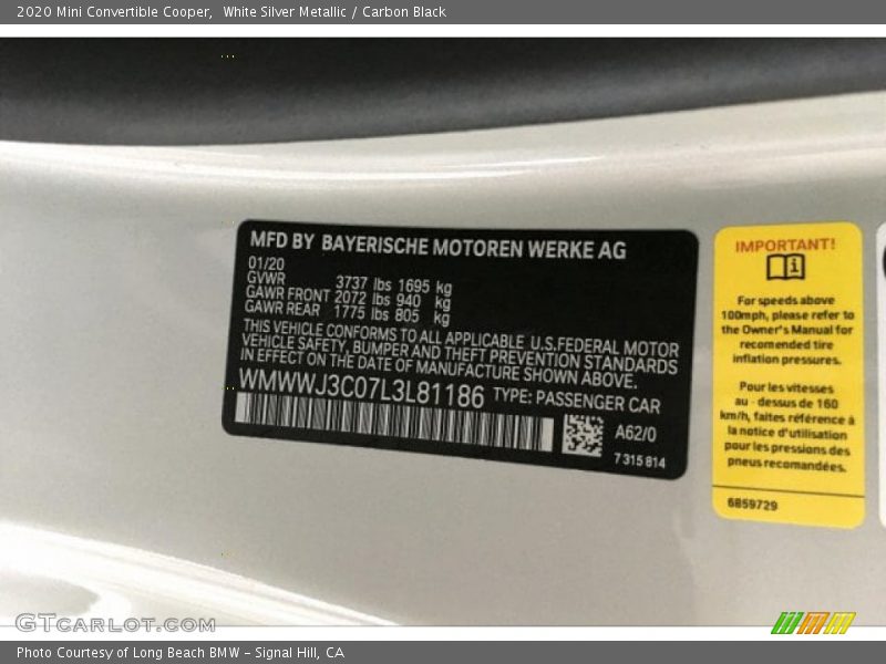 2020 Convertible Cooper White Silver Metallic Color Code A62