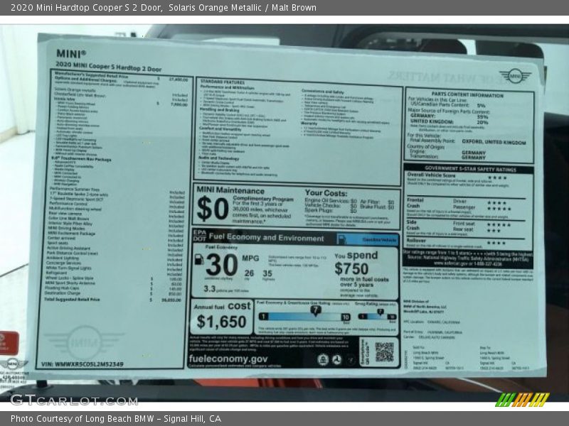  2020 Hardtop Cooper S 2 Door Window Sticker