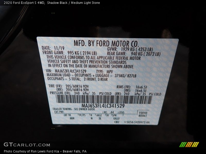 Shadow Black / Medium Light Stone 2020 Ford EcoSport S 4WD