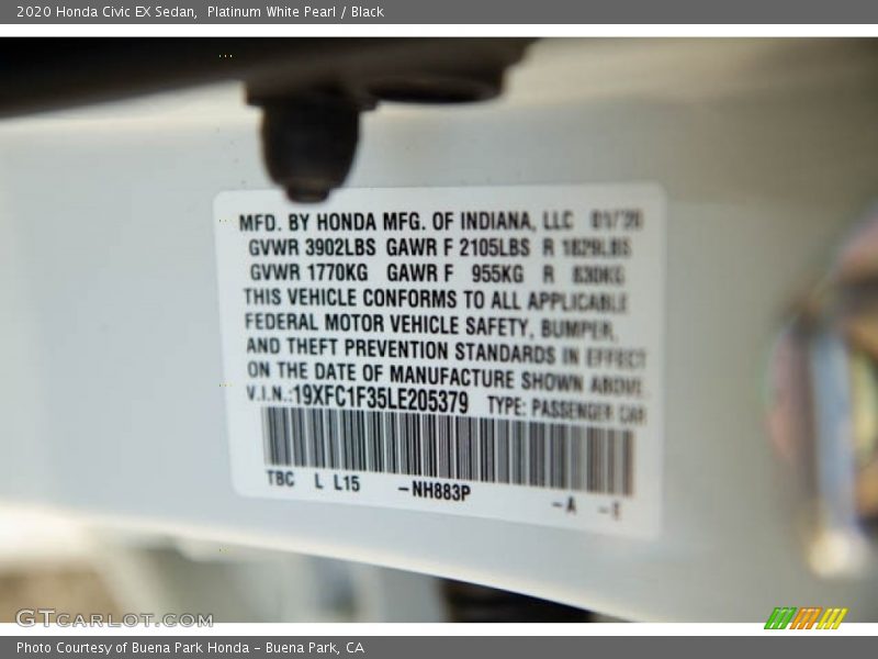 Platinum White Pearl / Black 2020 Honda Civic EX Sedan