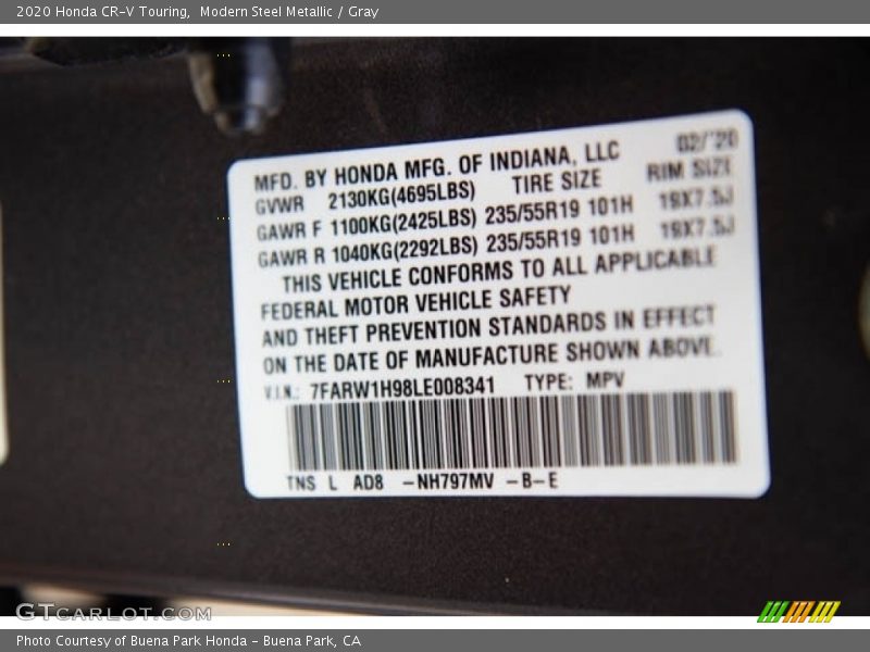 Modern Steel Metallic / Gray 2020 Honda CR-V Touring