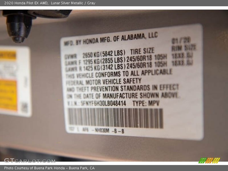 Lunar Silver Metallic / Gray 2020 Honda Pilot EX AWD