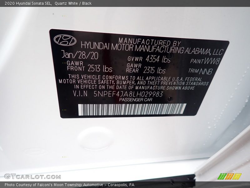 Quartz White / Black 2020 Hyundai Sonata SEL