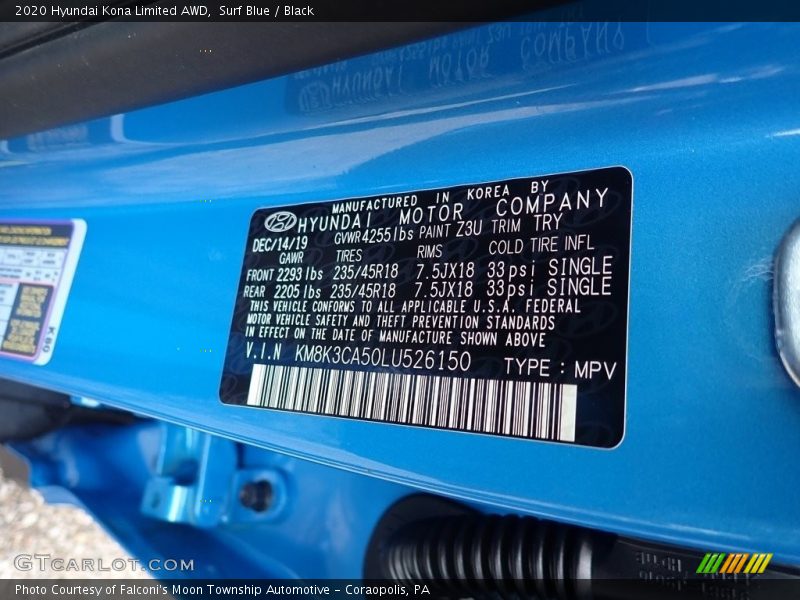 2020 Kona Limited AWD Surf Blue Color Code Z3U