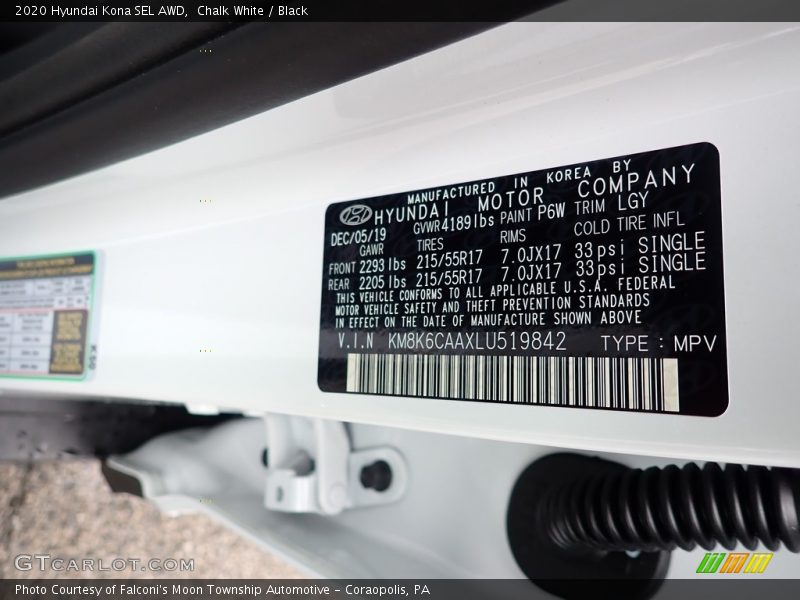 Chalk White / Black 2020 Hyundai Kona SEL AWD