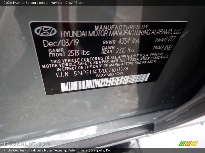 Hampton Gray / Black 2020 Hyundai Sonata Limited