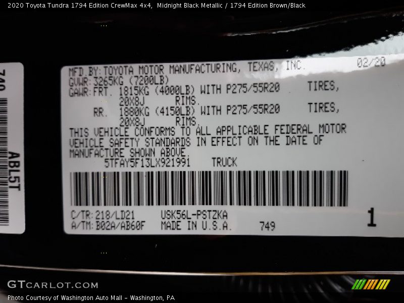 Midnight Black Metallic / 1794 Edition Brown/Black 2020 Toyota Tundra 1794 Edition CrewMax 4x4