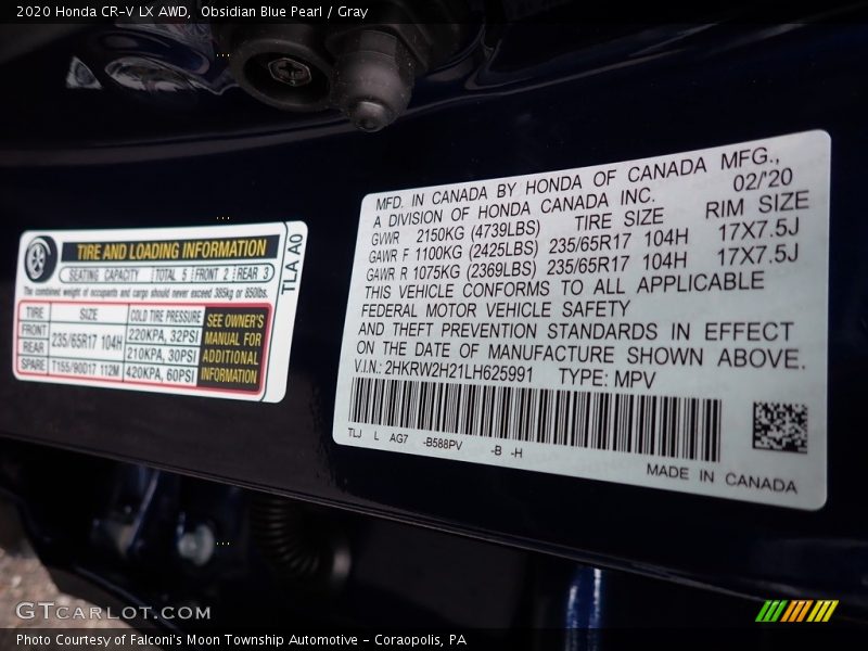 Obsidian Blue Pearl / Gray 2020 Honda CR-V LX AWD