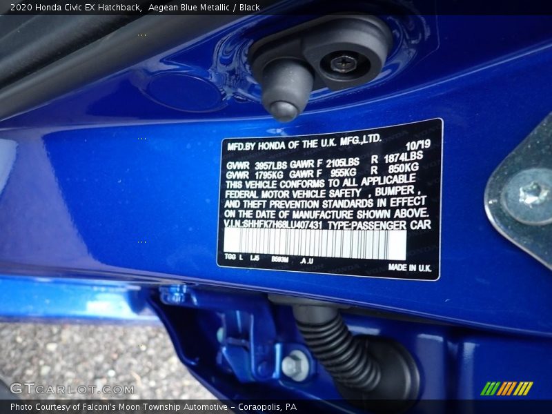 Aegean Blue Metallic / Black 2020 Honda Civic EX Hatchback