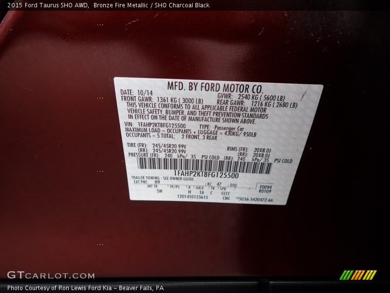 2015 Taurus SHO AWD Bronze Fire Metallic Color Code H9