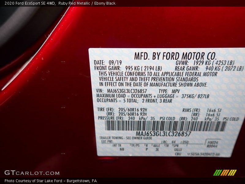 Ruby Red Metallic / Ebony Black 2020 Ford EcoSport SE 4WD