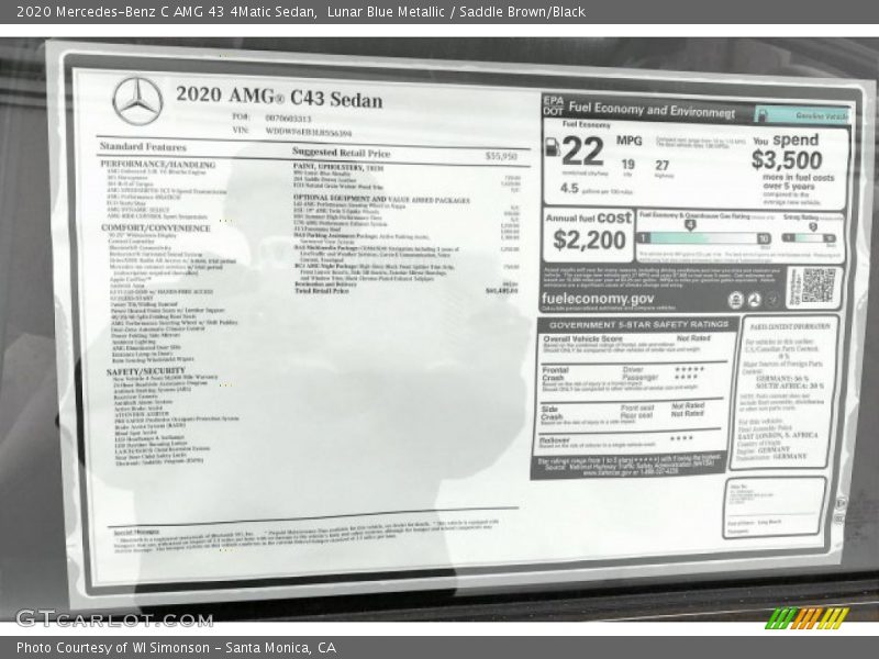  2020 C AMG 43 4Matic Sedan Window Sticker