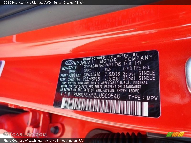 Sunset Orange / Black 2020 Hyundai Kona Ultimate AWD