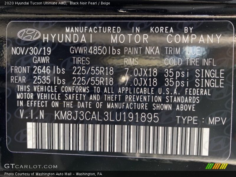 Black Noir Pearl / Beige 2020 Hyundai Tucson Ultimate AWD