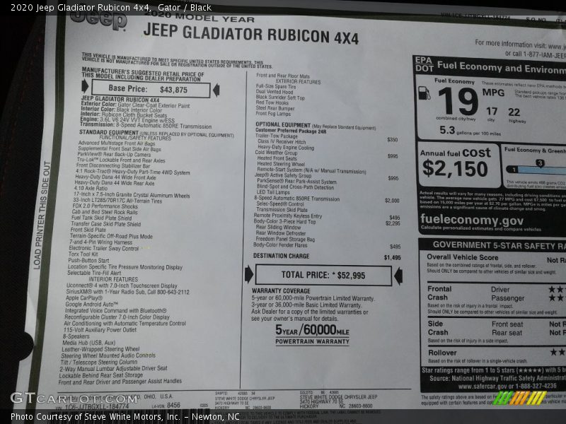  2020 Gladiator Rubicon 4x4 Window Sticker
