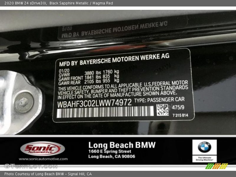 Black Sapphire Metallic / Magma Red 2020 BMW Z4 sDrive30i
