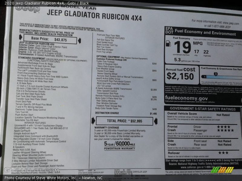  2020 Gladiator Rubicon 4x4 Window Sticker