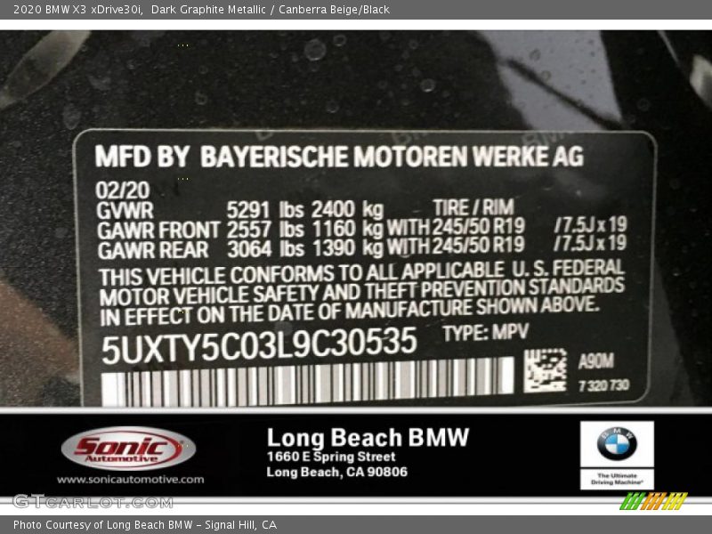 Dark Graphite Metallic / Canberra Beige/Black 2020 BMW X3 xDrive30i