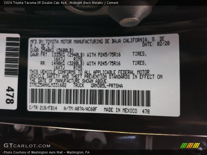 2020 Tacoma SR Double Cab 4x4 Midnight Black Metallic Color Code 218
