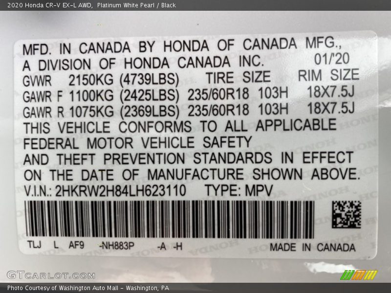 Platinum White Pearl / Black 2020 Honda CR-V EX-L AWD