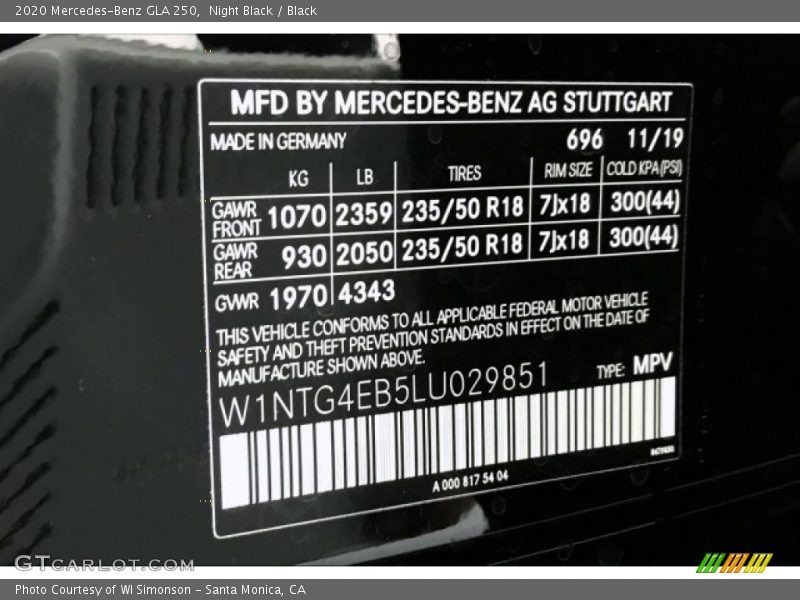 Night Black / Black 2020 Mercedes-Benz GLA 250