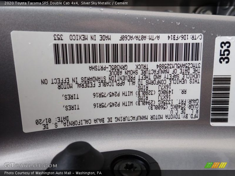 2020 Tacoma SR5 Double Cab 4x4 Silver Sky Metallic Color Code 1D6